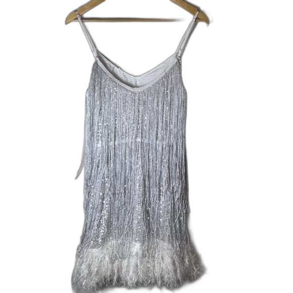 12th Tribe NWT Woman's Disco Fever Silver Fringe Sleeveless Mini Dress Size M - Picture 11 of 15